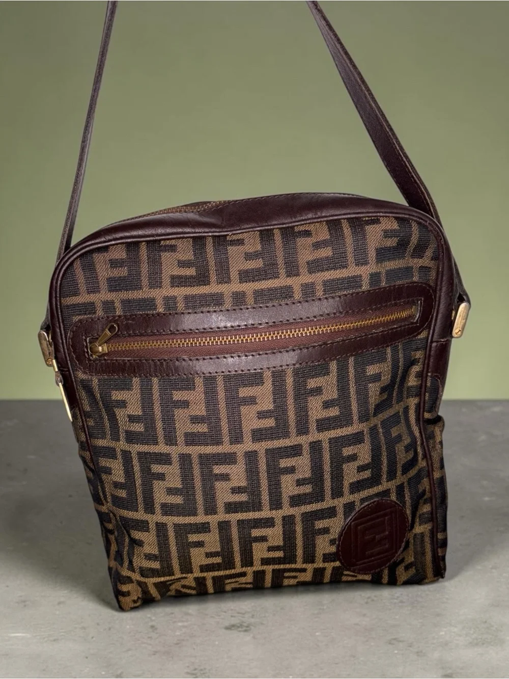 Fendi Brown FF Logo Messenger Bag with Matching Wallet